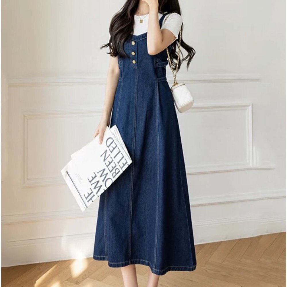 Sleeveless Dark Blue Denim Midi Pinafore Dress